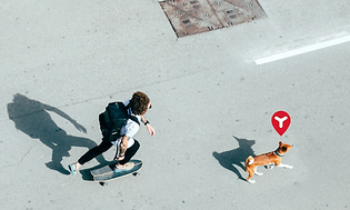 Mann på skateboard med en hund ved siden av med sporingsikon over hodet