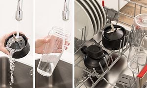 Tre sidestilte bilder som viser person som vasker Bosch blenderen under rennende vann og blenderen plassert i oppvaskmaskin