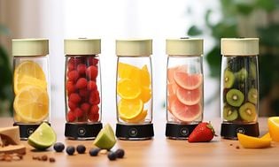 5 smoothie blenders in different colours with fruits
