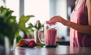 Woman at a kitchen table with a blender with pink smoothie