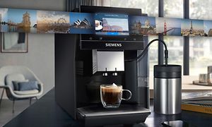 Siemens EQ700 kaffemaskin og bilder fra forskjellige land som illustrerer forskjellige tilgjengelige kaffetyper fra hele verden