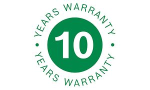 Grønn logo på hvit bakgrun med tekst "10 years warranty"