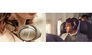 Closeup av noise-cancelling hodetelefon rundt en kvinnes hals og en mann på fly med headset