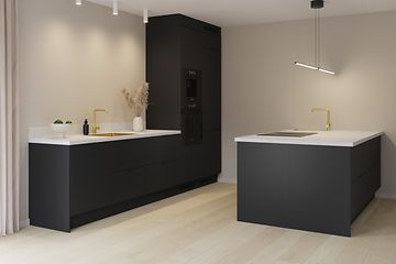 Pure Matt Black - Kitchen - I solution - Island - Brass Sink - Brass Tap - Gold - Marble - nordic - curtains - beige vented hob