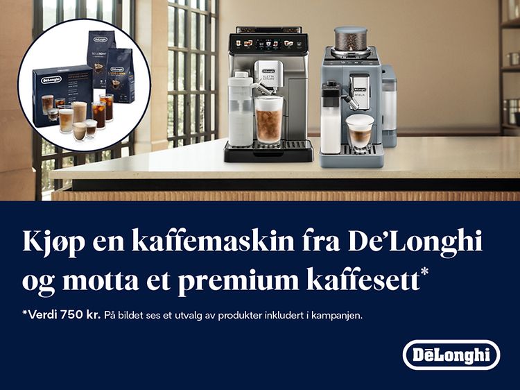 DeLonghi kampanjebanner med DeLonghi-kaffemaskin og gavesett