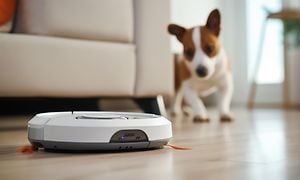 Vacuum cleaner for pets - Robot vacuum cleaner cleaning floor and dog watching