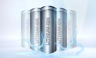 Illustrasjon av seks lithium-ion-batterier og lys rundt de