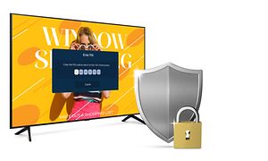 Samsung Business TV og en lås foran for å illustrere sikkerhetslåsfunksjonen på TVen