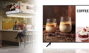 Samsung Business TV-banner med bilder av TV-en på en kafé og person som kontrollerer den med smarttelefon
