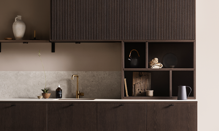 Epoq Kitchen Edge PillarDark OakDekton Sabbia Mora Brass Tap