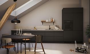 Epoq kitchen Integra black, terrazzo laminate backsplash