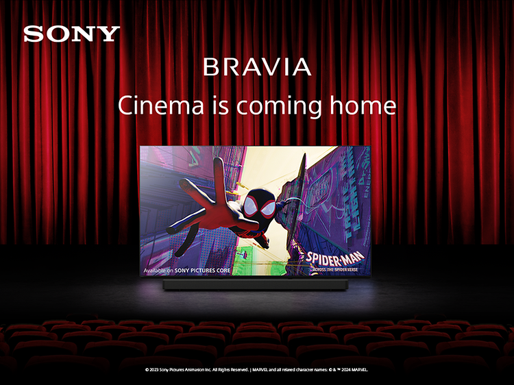 Sony Bravia TV og tekst "Cinema is coming home" samt bilde av animert Spider-man på tv-skjermen