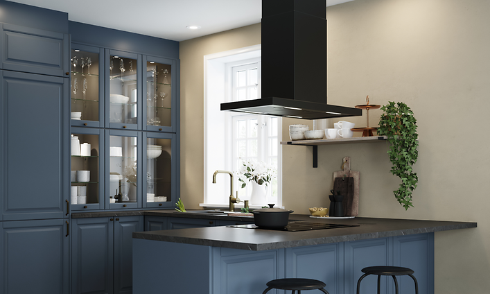 Heritage Bluegrey Epoq-kjøkken med kjøkkenøy med fritthengende ventilator