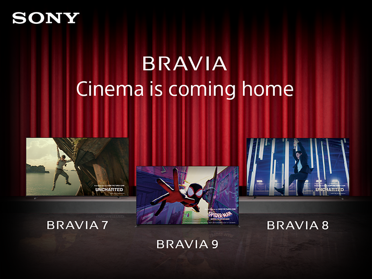 Sony-banner med tre Bravia-TV-er og tekst Cinema is coming home