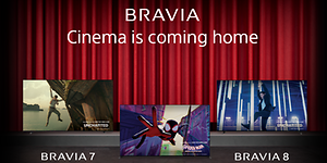 Sony-banner med tre Bravia-TV-er og tekst Cinema is coming home