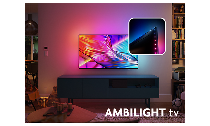 Philips TV med Ambilight og nærbilde av det