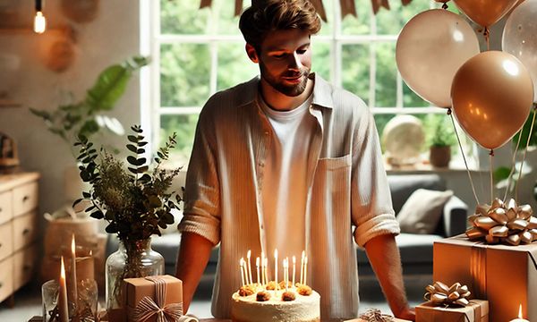 A man standing in front of a birthday cake on a table with birthday gifts