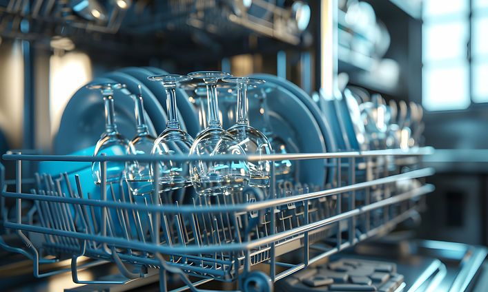 Guide - MDA - Close up of wine glasses in a dishwasher rack