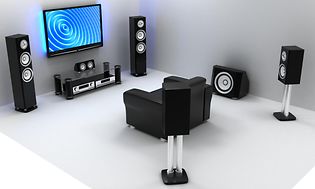 Illustrasjon av subwoofer and surround sound system