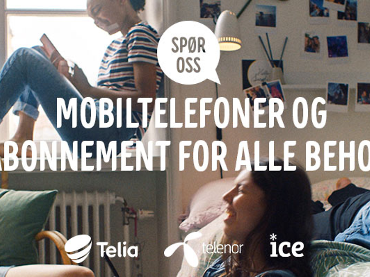 fire jenter i et rom med smarttelefon. illustrasjon med logoer telia, telenor og ice