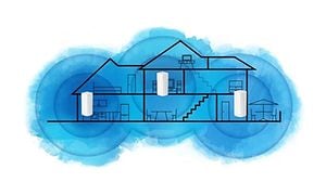 illustrasjon av et hus med mesh-nettverk i blått