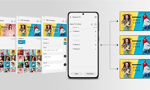 Samsung Business TV-app på en smarttelefon med forskjellige eksempler på innhold