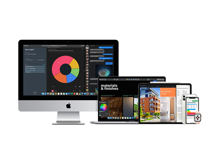 Kollasje med Apple iMac, Macbook, iPad og iPhone fra Elkjøp