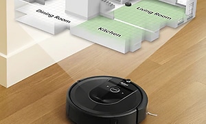 illustrasjon av iRobot Roomba i7+ som mapper en leilighet